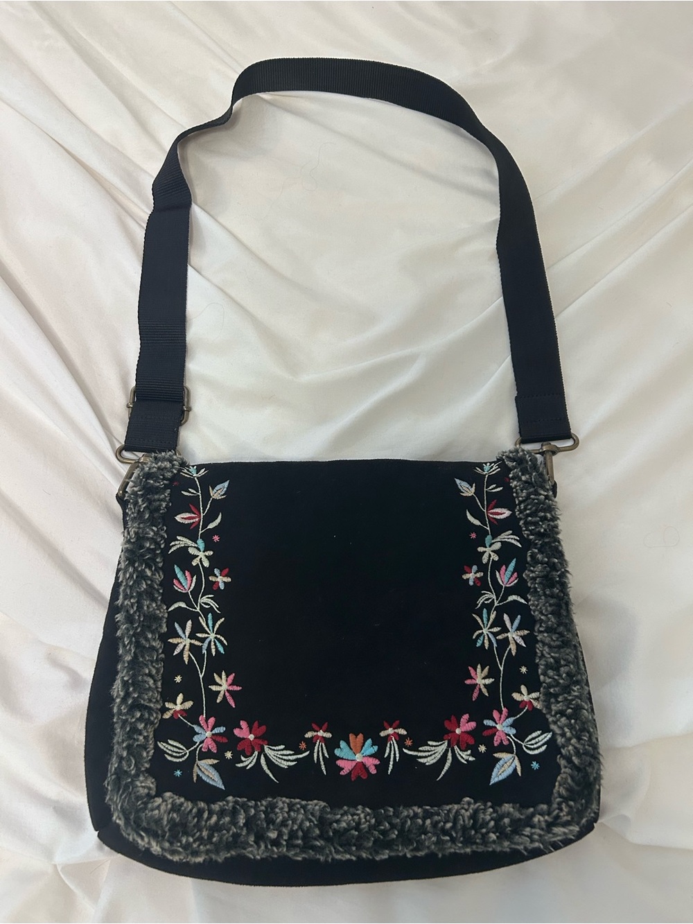 Old Navy Black Crossbody Bag with Multicolor Floral Embroidery